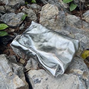 Silver Leather Clutch,Roll Top Oil Tanned Leather Evening Bag for Banquet Wedding, Rolled Down Clutch Purse, Hard Leather Metallic gloss