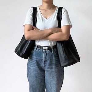 Grand sac fourre-tout en cuir noir pour femme, sac à bandoulière en cuir moyen, sac à bandoulière, sac à main, sac de travail, sac à provisions, cadeau d'anniversaire