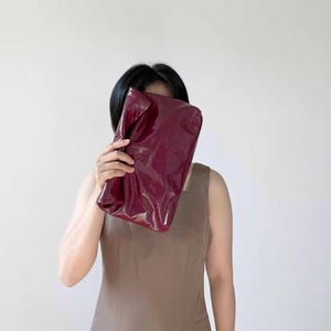 Wine Red Oil Tanned Leather Clutch Purse: Roll Down Evening Bag for Wedding Banquet, Gift for wife