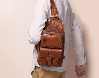 Leather Sling Bag for men, Brown Leather Backpack, Cowhide leather Crossbody Bag Shoulder Bag Men's Chest bag gift for father/hubby/birthday