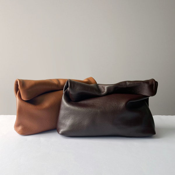 Rolled Top Leather Clutch, leather clutch purse, Leather handbag for her, Leather Evening Bag, Leather pouch leather Lunch bag, Wedding Bag