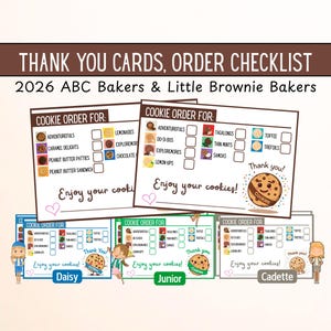 Note de remerciement imprimable Girl Scout Cookies 2026, carte de remerciement Girl Scout, petite boulangerie Brownie, boulangers ABC, étiquette de livraison de biscuits,