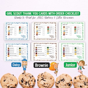 Karta z podziękowaniami dla Girl Scout Cookie, lista kontrolna zamówień, spersonalizowana dla stokrotek, brownie, juniorów (LBB i ABC Bakers), artykuły piśmiennicze Girl Scout