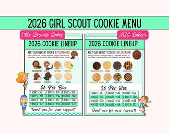 Suministros para el puesto de galletas de las Girl Scouts 2026, Temporada de galletas de las Girl Scouts, Folleto de precios de galletas de las Girl Scouts, ABC Bakers y Little Brownie Baker