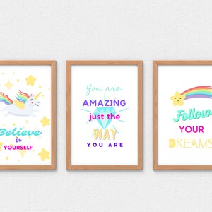 Bright Unicorn Positivity Prints - 3er Set Wandkunst für Mädchen Schlafzimmer. Digitaler Download