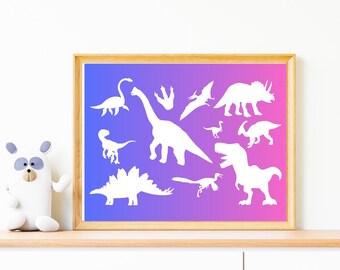 Silueta de dinosaurio, impresiones de dinosaurios para habitación de niños, arte de pared de dinosaurios, decoración de dinosaurios, juego de 7 imprimibles, descarga digital, regalo de dinosaurio