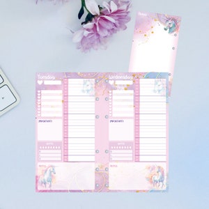 Filofax Personal Printable Unicorn Pink Cute Daily Diary Calender Monday to Sunday & notes - Undated | Ring Planner Moterm Day on a Page