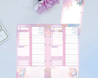 Filofax Personal Printable Unicorn Pink Cute Daily Diary Calender Monday to Sunday & notes - Undated | Ring Planner Moterm Day on a Page