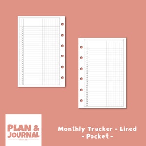 Puede incluir: Dos páginas de planificador mensual en blanco con secciones rayadas y un patrón de cuadrícula. Las páginas están diseñadas para un planificador de bolsillo y tienen agujeros para una carpeta.