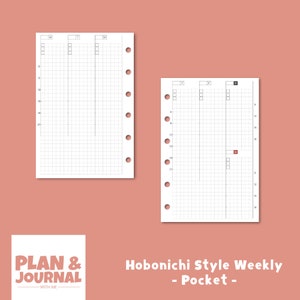 Puede incluir: Dos insertos de planificador Hobonichi Style Weekly Pocket blancos con un diseño de cuadrícula y marcadores de tiempo verticales. Los insertos tienen un patrón de cuadrícula y están diseñados para la planificación. El texto "Plan & Journal with Me" y "Hobonichi Style Weekly - Pocket -" son visibles.