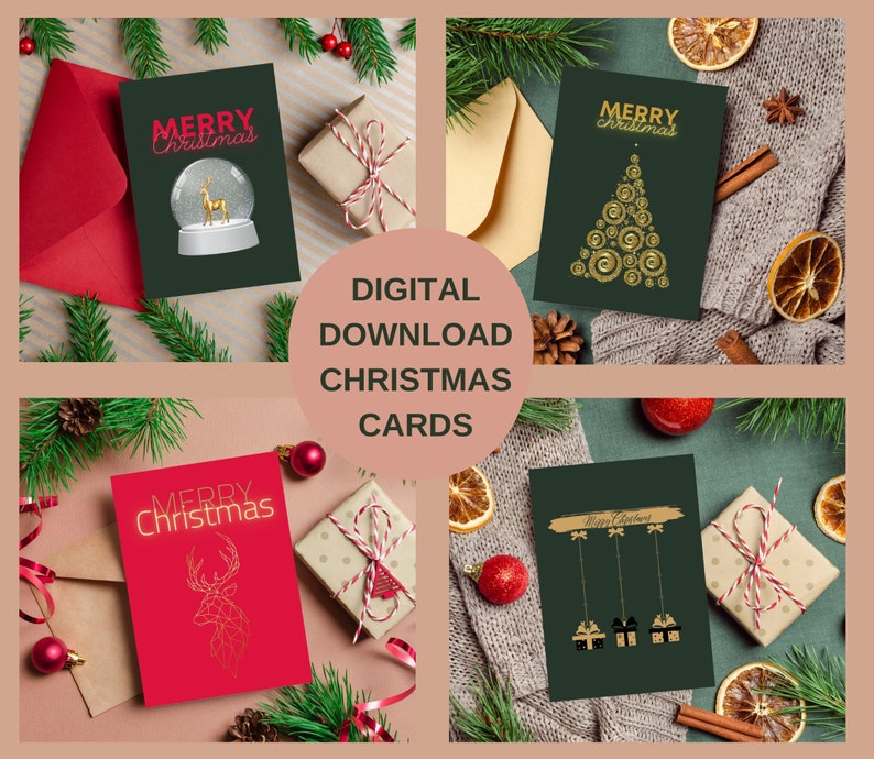 Printable Christmas Cards Set of 4 Prints, Modern Christmas Card