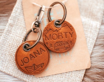 Dog tag leather with motif and name /Bulli/Fuchs/Maritim/Camping