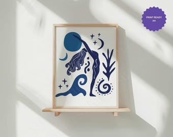 Postura de yoga Saludo al sol - Impresión digital, Impresión de yoga azul, Postura de inhalación, Decoración de pared de yoga, Arte de postura de yoga, Arte de pared azul, Impresión instantánea DIN A 4