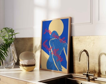 Lámina artística de corredora, azul cobalto índigo, mensaje de empoderamiento