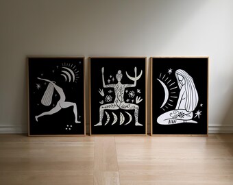 Conjunto de láminas con posturas de yoga, arte mural bohemio en blanco y negro (descarga digital)