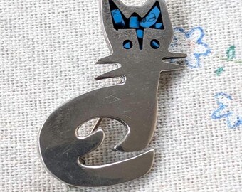 Vintage Sterling Silver Cat Brooch: Mexican Turquoise Art Deco Pin