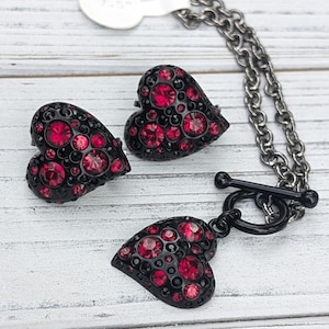 Vintage Butler Fifth Avenue Red Rhinestone Heart Clip-On Earrings and Bracelet Set