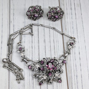 Vintage set Coro zilver en amethist ketting en oorbellen, Coro Demiparure, jaren 1940