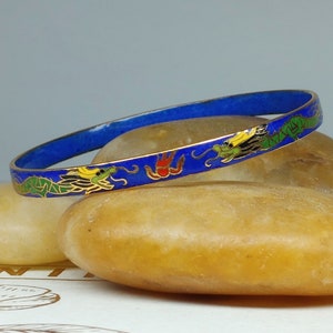 Vintage Cloisonne Bangle Bracelet, Blue Enamel with Dragons in Green and Yellow, Large Chinese Bangle
