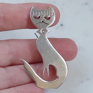 Vintage Stering Cat Art Deco Brooch, Mexico Sterling Silver Kitty Brooch, Mexican Retro Brooch, Artist Stamped Taxco 925 Jewelry