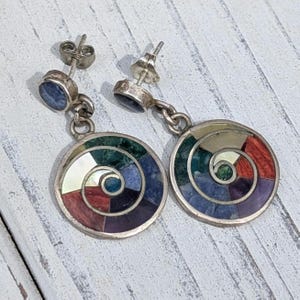 Peruvian Gemstone Inlay Earrings: Colorful 950 Sterling Silver Inca Design