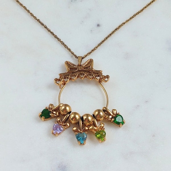 Vintage Avon Necklace with Pendant and Charms, Gold Tone Avon Jewelry, Rare Avon Necklace with Colorful Crystal Charms