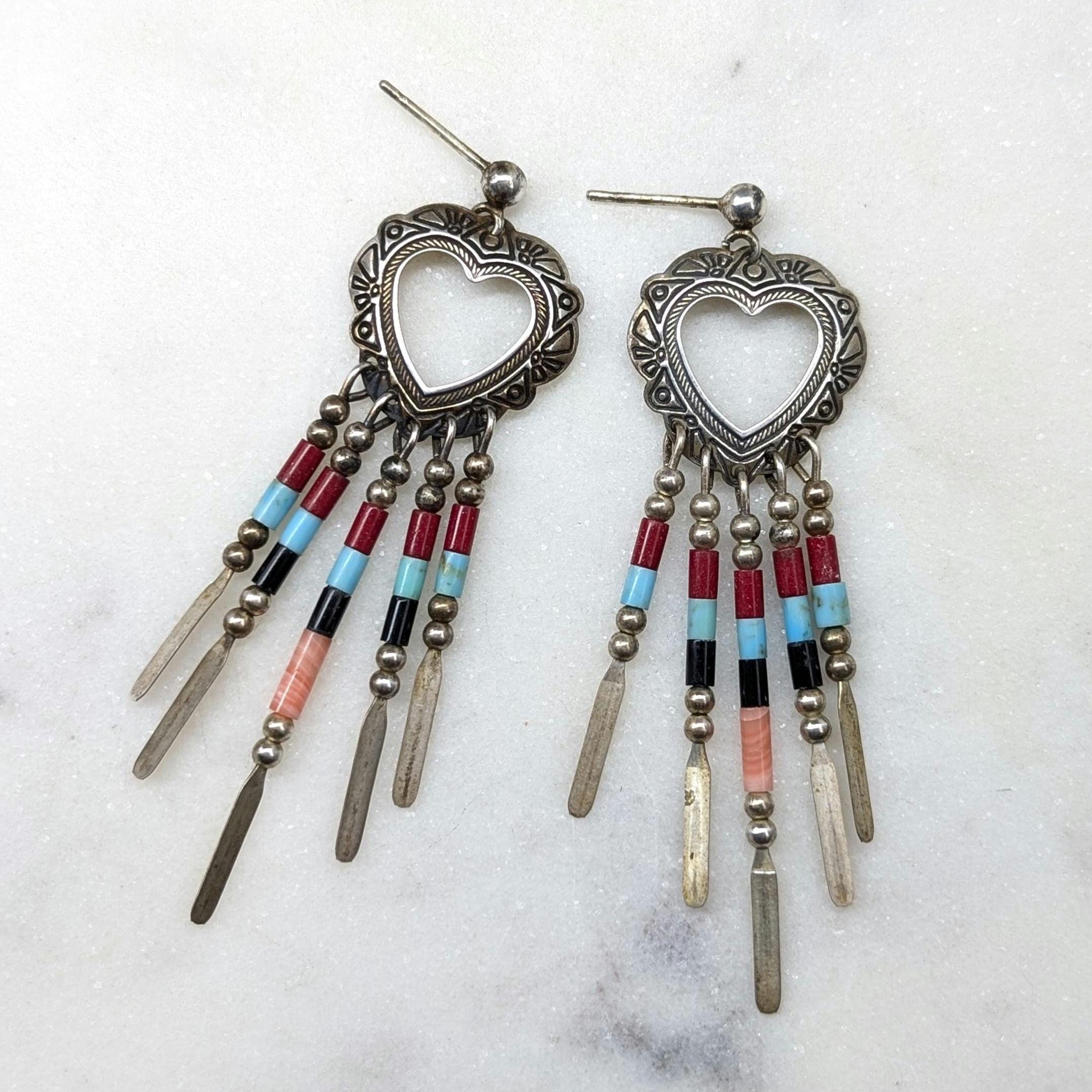 Navajo Sterling Silver Heart Earrings With Long Multi Stone