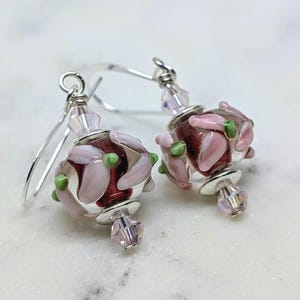 Lampwork Glass Floral Earrings: Pink, Green, and Silver-Plated