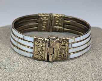 Vintage Mother of Pearl Bangle Bracelet: 1970s Brass Shell Jewelry