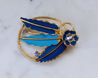 Vintage Blue Leaves and Flower Brooch on Gold Tone Metal with AB Crystals