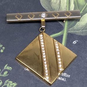 Art Deco Brass Dangle Brooch: 1940s Rhinestone Pin