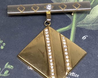 Art Deco Brass Dangle Brooch: 1940s Rhinestone Pin