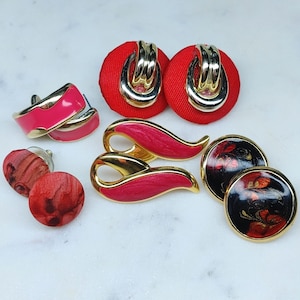 Lot of 5 Vintage 1980's Earrings, Colorful Red and Pink Earrings for Every Day or for an 80's Party