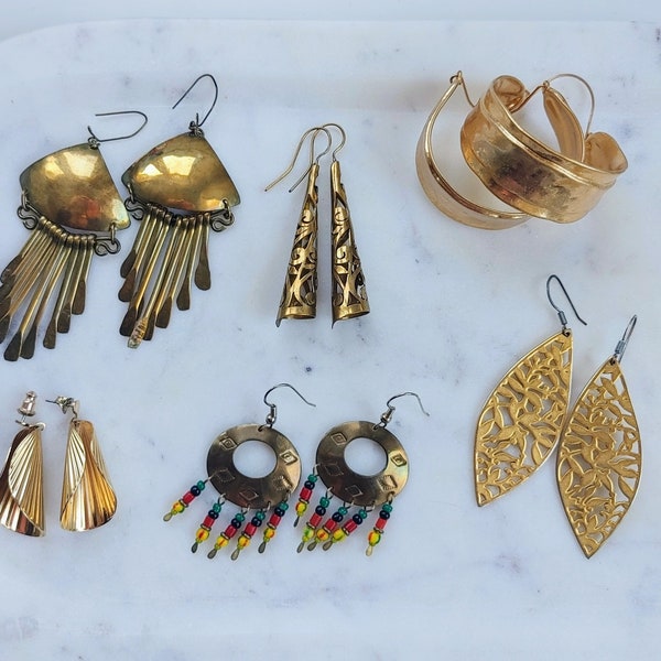 Vintage Boho Brass Earrings, Retro Earrings from the 70's, 80's and 90's, Big Brass Dangle Earrings, Each Pair Sold Separately