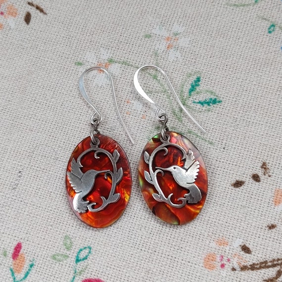 Vintage Shell Earrings with Sterling Silver Bird … - image 2