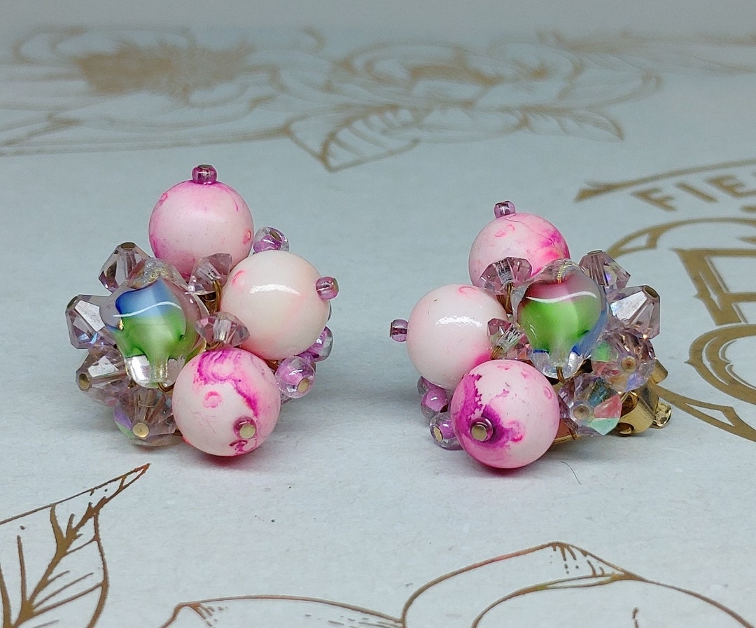 Vintage Pink Clip on Earrings Colorful Glass Bead Earrings in - Etsy