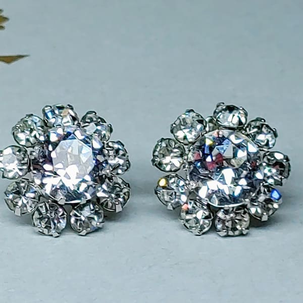 Sherman Vintage Clip On Earrings with Clear Crystals, Large Round Center Crystals surrounded by Smaller Crystals, Silver Tone Metal