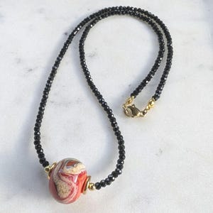 Lampwork Bead Necklace: Black Spinal Stones, Red Handcrafted Glass Pendant
