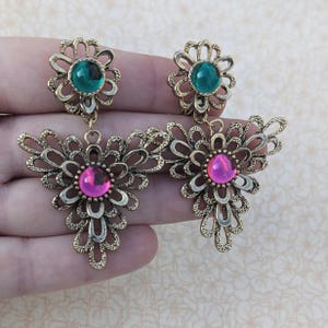Vintage Large 80s Runway Statement Earrings Gold Green Pink Glass Cabochons Clip-ons (NOS)