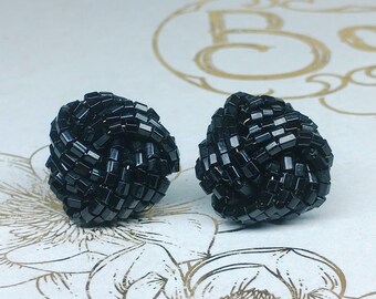 Boucles D'oreilles Clips Vintage - Perles Noires Et Strass, Parfait état - Occasion