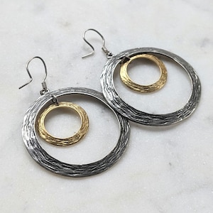 Vintage Large Sterling Silver Drop Hoop Earrings, Oversize Mixed Metal Textured 925 Hoops