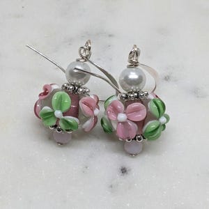 Pink Floral Lampwork Glass Bead Earrings with Faux Pearl
