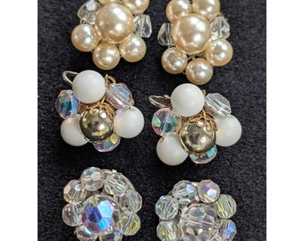 Vintage Lot White & Pearl Cluster Bead Clip-On Earrings, Japan