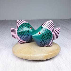 Vintage 80&#39;s Hand Painted Wooden Fish Earrings in Green, Pink and Blue