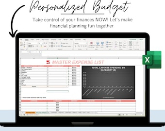 May include: A laptop screen displaying a spreadsheet with the title "Master Expense List". The spreadsheet is organized into columns for expense category, expense amount, due date, and notes. A graph titled "Total Expense Spending by Category" is also visible on the screen. The text "Instant Download!" is displayed below the laptop.
