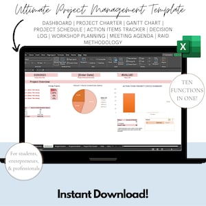 Peut inclure: Un écran d'ordinateur portable affichant une feuille de calcul avec le titre "Ultimate Project Management Template". La feuille de calcul comprend des sections pour une vue d'ensemble du projet, la durée des phases du projet, le résumé de l'état des priorités des éléments d'action et un tableau de bord. Le texte "TEN FUNCTIONS IN ONE!" est affiché dans une boîte sur le côté droit de l'écran.