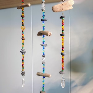 Single Strand Colorful Beaded Driftwood Suncatcher, boho home decor, hippie sunroom decoration, Handmade bead hanging with drilled stones