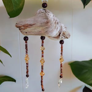 Beaded Driftwood Hanging with Crystals, Driftwood beaded suncatcher, boho home decor, sunroom hippie decoration, handmade driftwood art