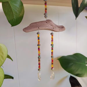Colorful Beaded Driftwood Hanging with Crystals, Driftwood suncatcher, boho home decor, hippie sunroom decoration, handmade art to hang