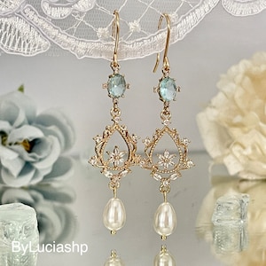 Blue chandelier bridal earrings, wedding crystal earrings, bridal pearl earrings, something blue for bride, boho bridal dangle earrings